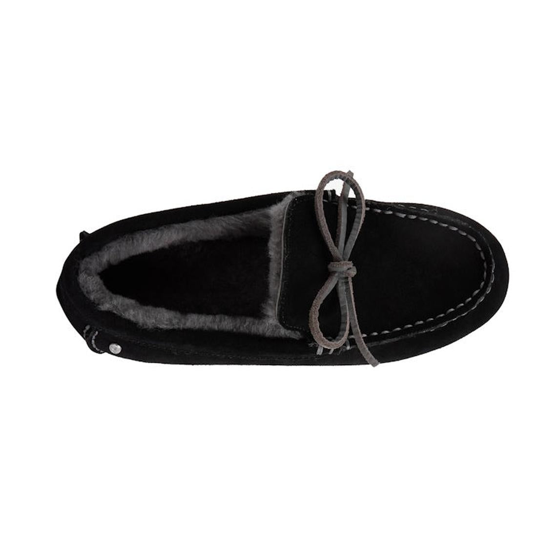 The top down view of an EMU sandrine black moccasin-style sheepskin slipper with a bow detail also showing the dark grey sheepskin lining.,
9330071972809,
9330071972816,
9330071972823,
9330071972830,
9330071972847,, 44322, 44323, 9330071972809, 9330071972