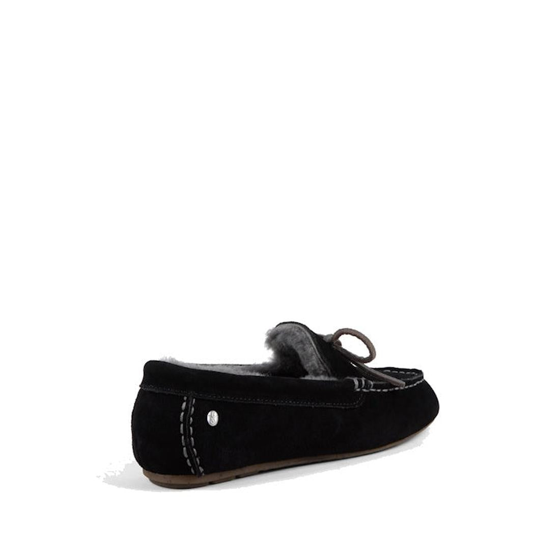 EMU NZ Emu Sandrine Moccasin Sheepskin Slipper in black, cozy fur lining, white stitching, bow detail, soft sole; back-right view.  ksnz