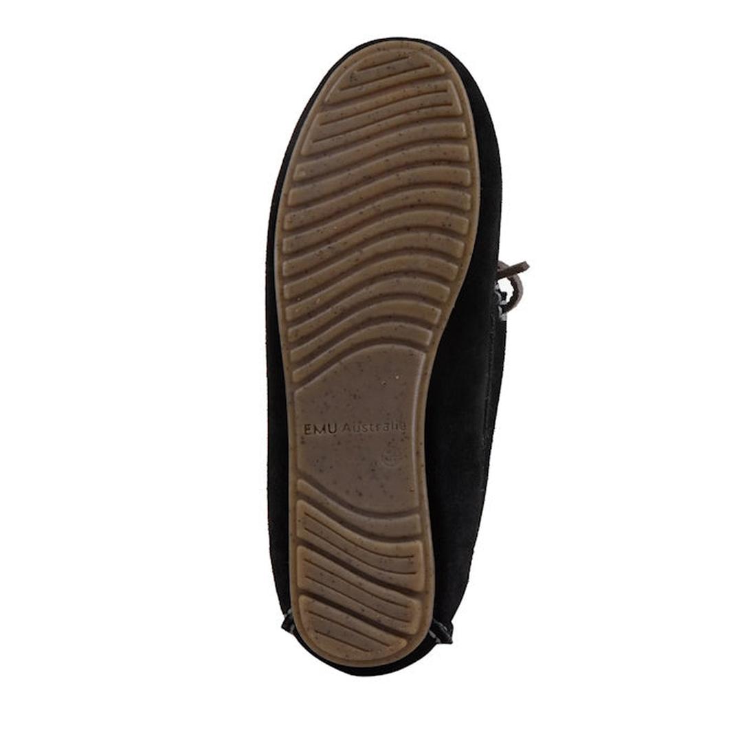 The Emu - Sandrine black moccasin slipper shows its tan grippy sole with EMU NZ logo, perfect for cozy family mornings together.  ksnz