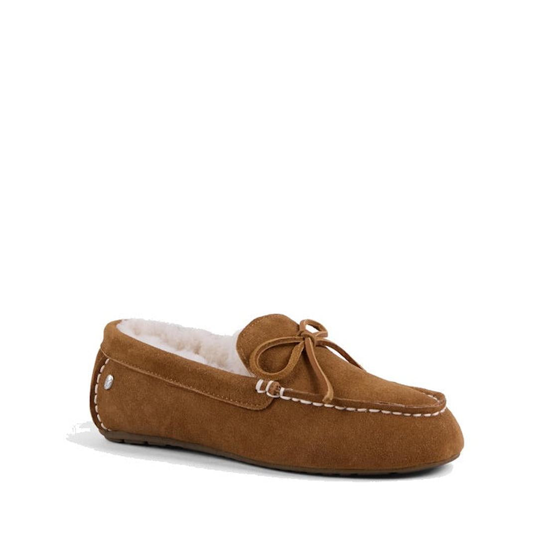 Emu Sandrine Moccasin Style Sheepskin Slipper in Chestnut Tan has soft brown suede, cozy fleece lining, bow tie closure, and sturdy sole.  ksnz