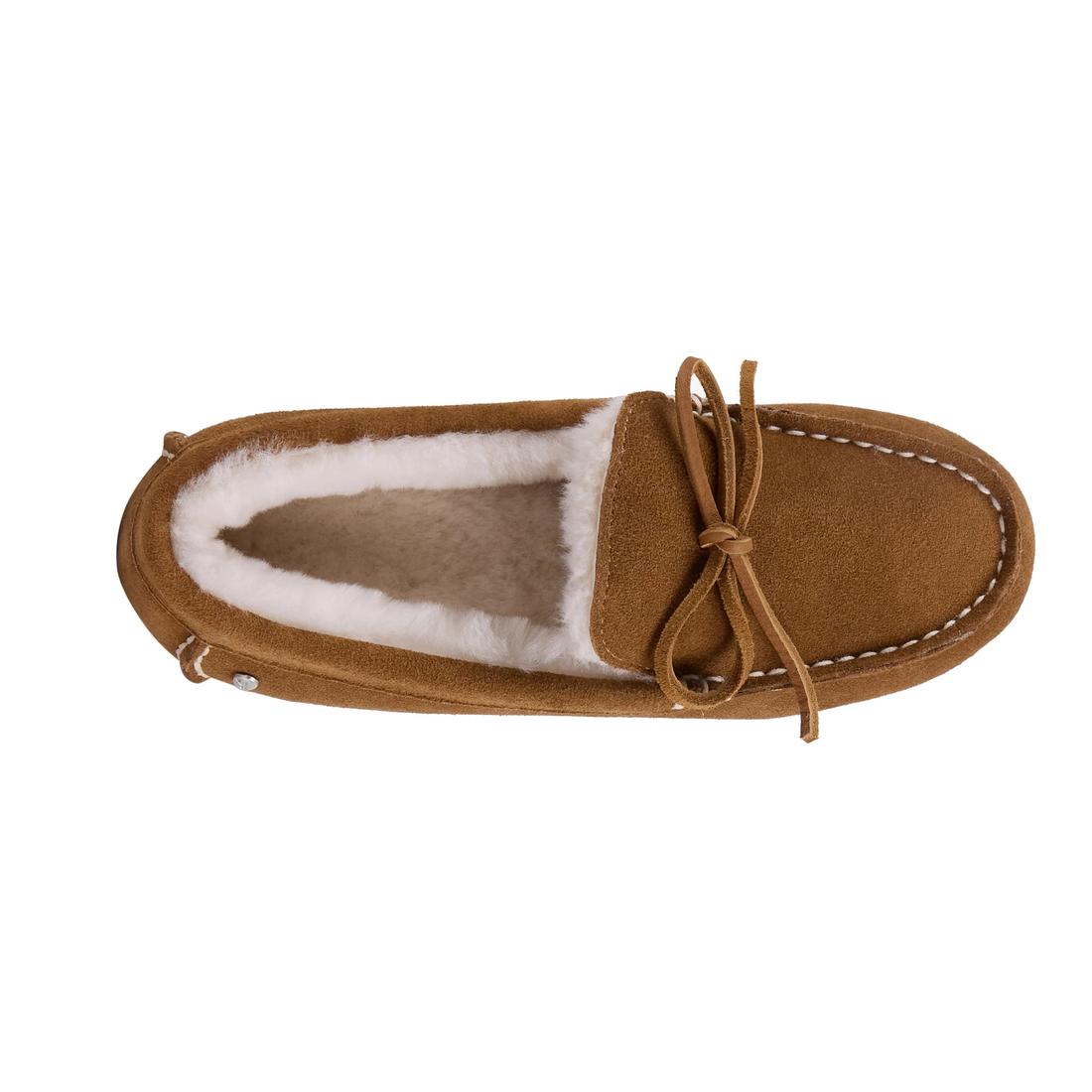EMU NZ Emu - Sandrine Moccasin Sheepskin Slipper in chestnut tan, with soft fleece inside, non-slip sole, bow tie, and white stitching.  ksnz