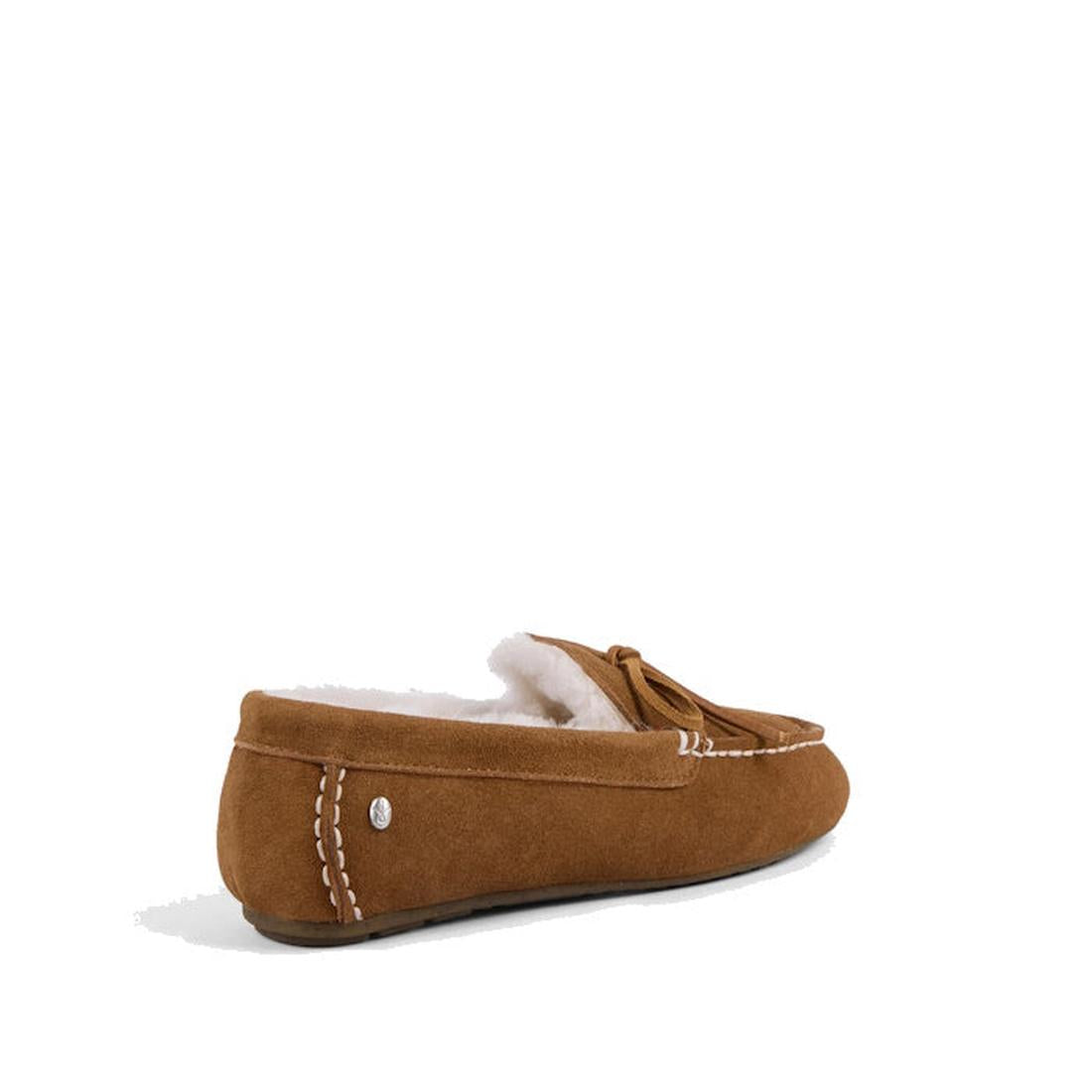 EMU NZ Sandrine Moccasin Style Sheepskin Slipper in warm Chestnut Tan, with a cozy lining, suede upper, and charming bow on the side.  ksnz
