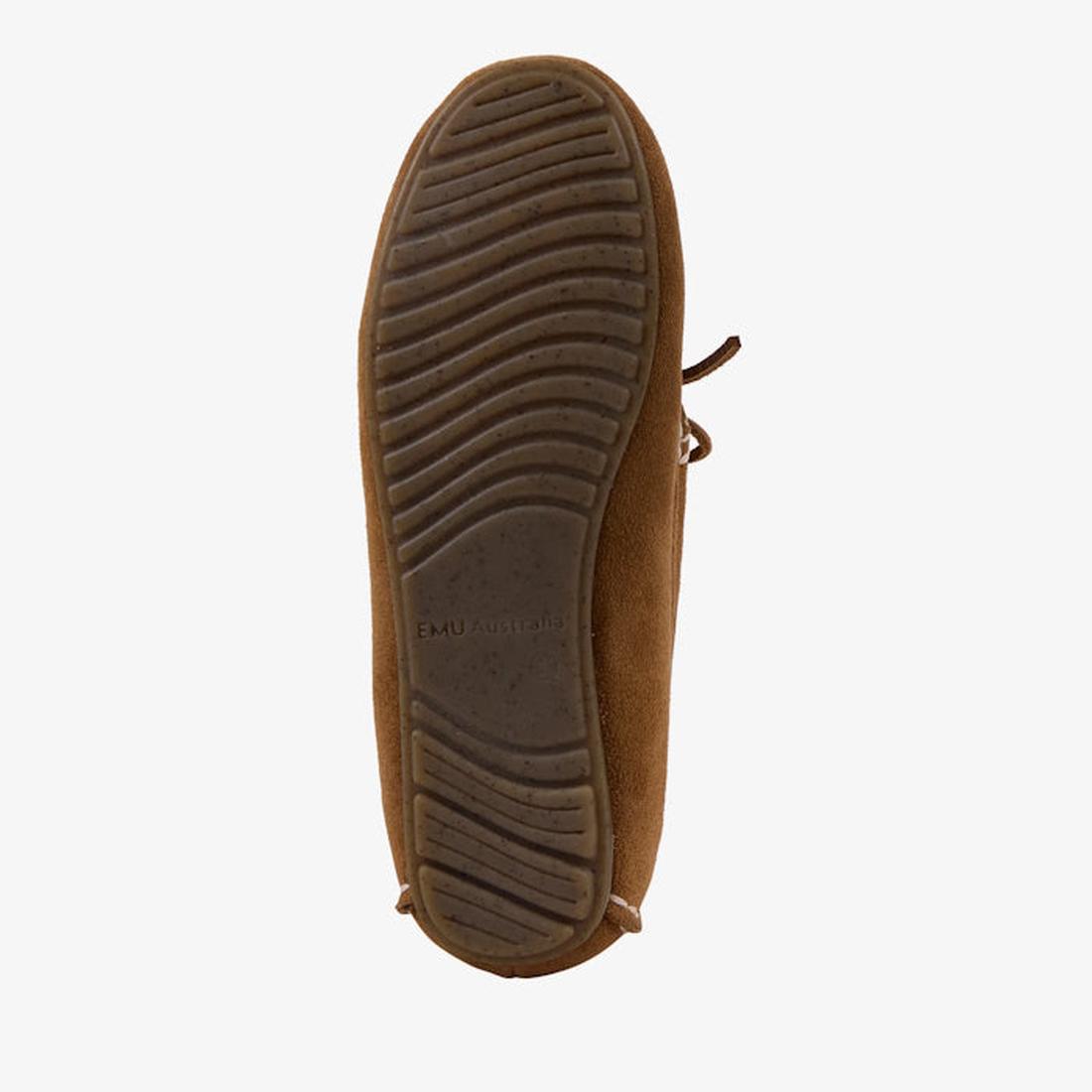 Emu - Sandrine Moccasin Sheepskin Slipper in Chestnut Tan, with a cozy look and grippy wavy rubber sole embossed "EMU NZ".  ksnz