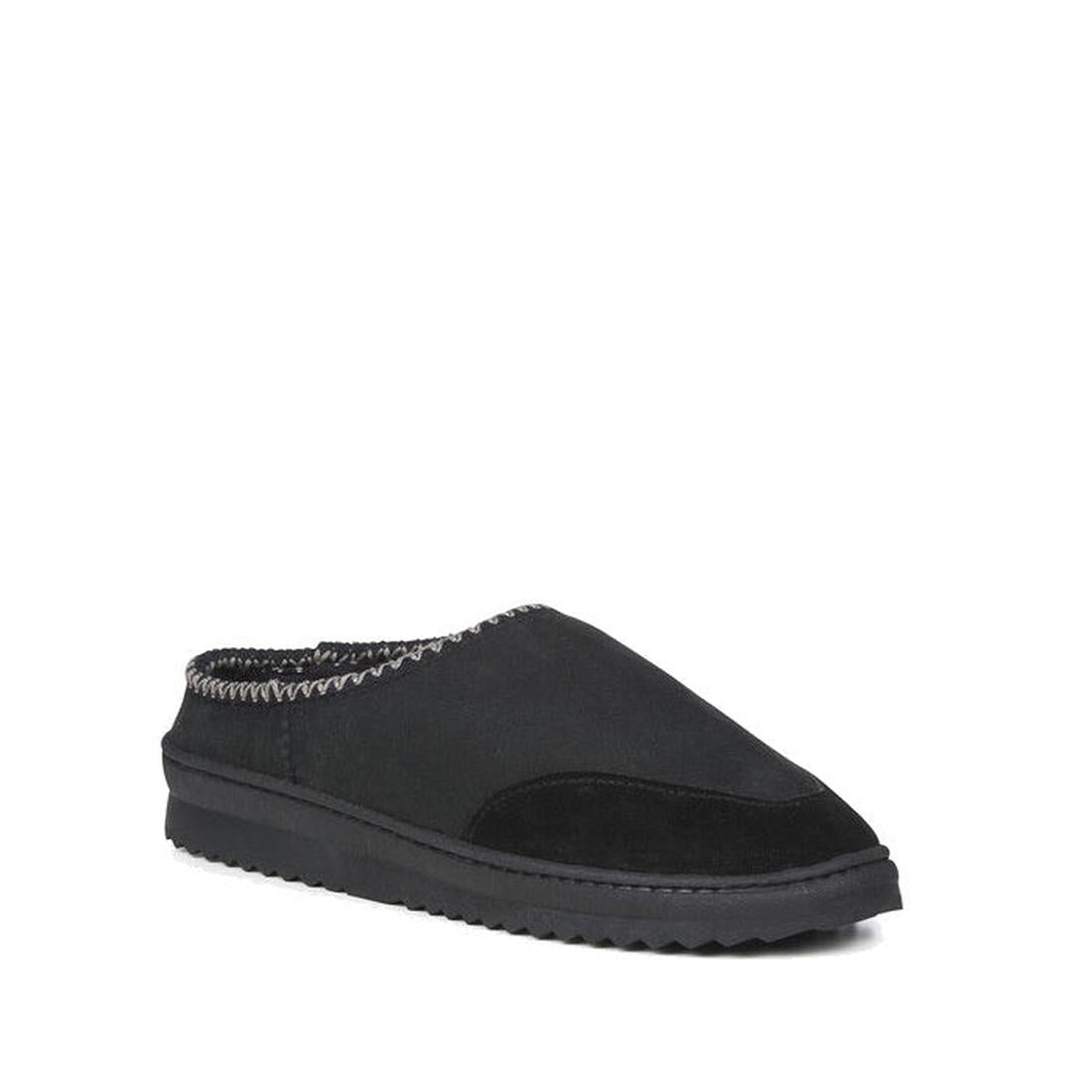 EMU NZ Emu Platinum Outback Scuff Black Sheepskin Slipper: cozy black slip-on with suede, sturdy black sole, and soft white stitching.  ksnz