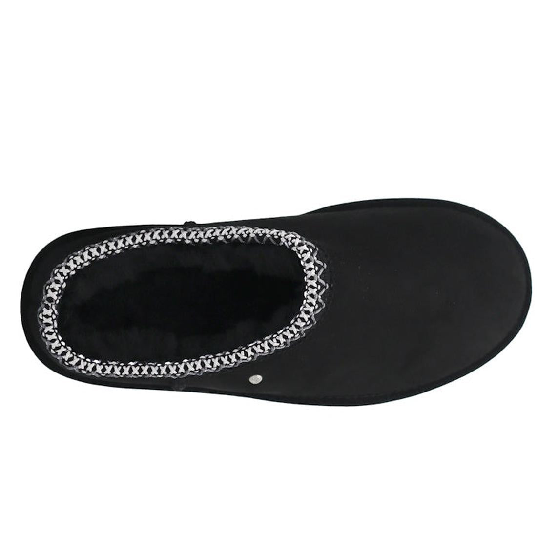 EMU NZ Women's Sharky Scuff Slipper in cozy black sheepskin, slip-on style with cushy lining, sturdy rubber sole, and cute braided trim.  ksnz