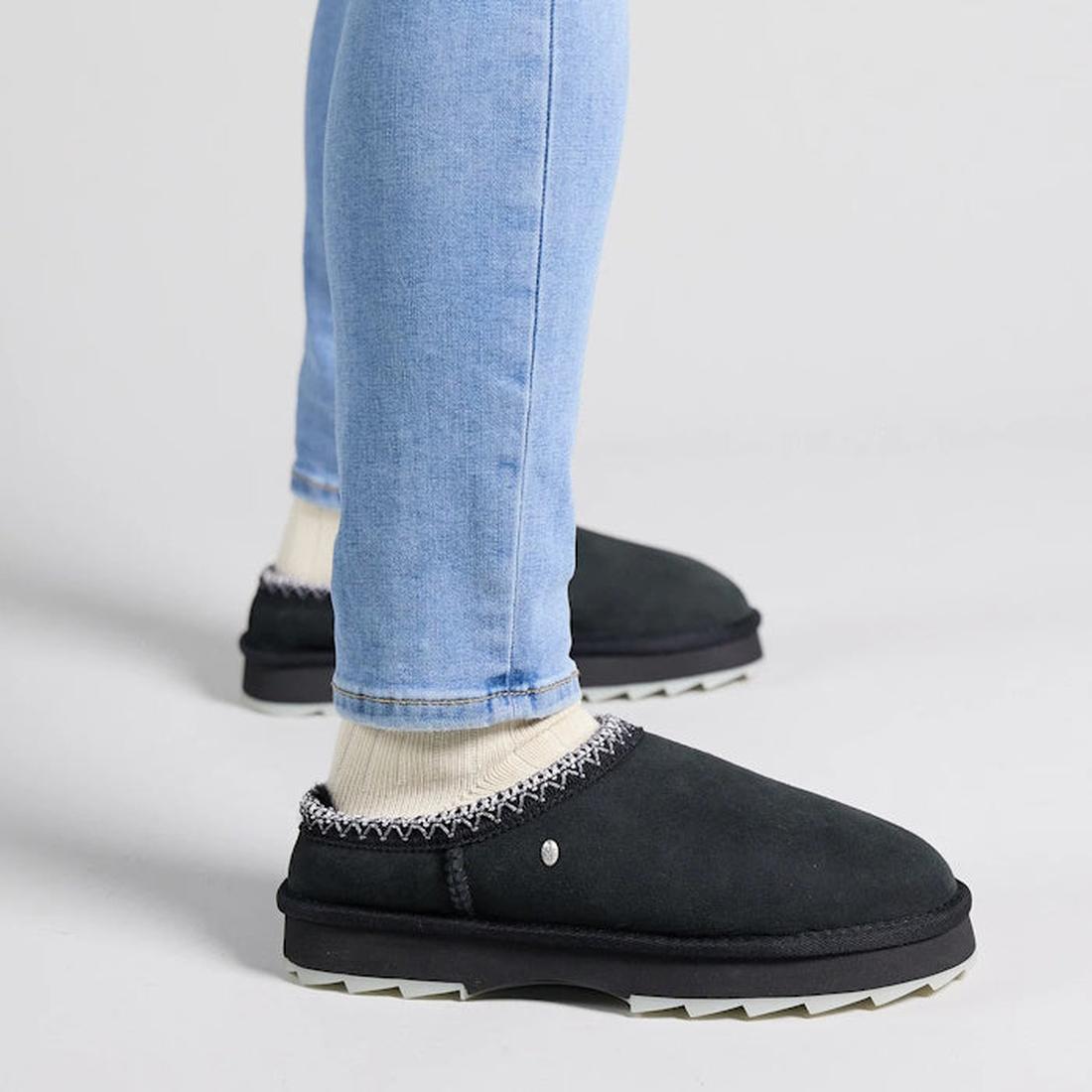 A cozy pair of black EMU NZ EMU Women's Sharky Scuff Slippers with plush sheepskin, slip-on style, and comfy sturdy sole.  ksnz
