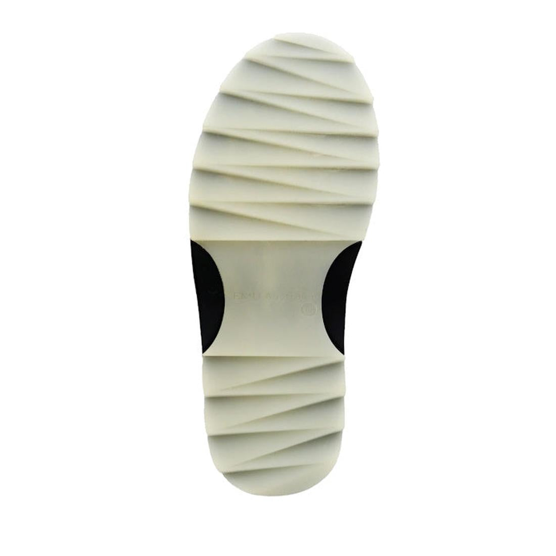 EMU NZ Women's Sharky Scuff Slipper in black sheepskin, slip-on style, with a comfy grippy white sole, shown on a white backdrop.  ksnz
