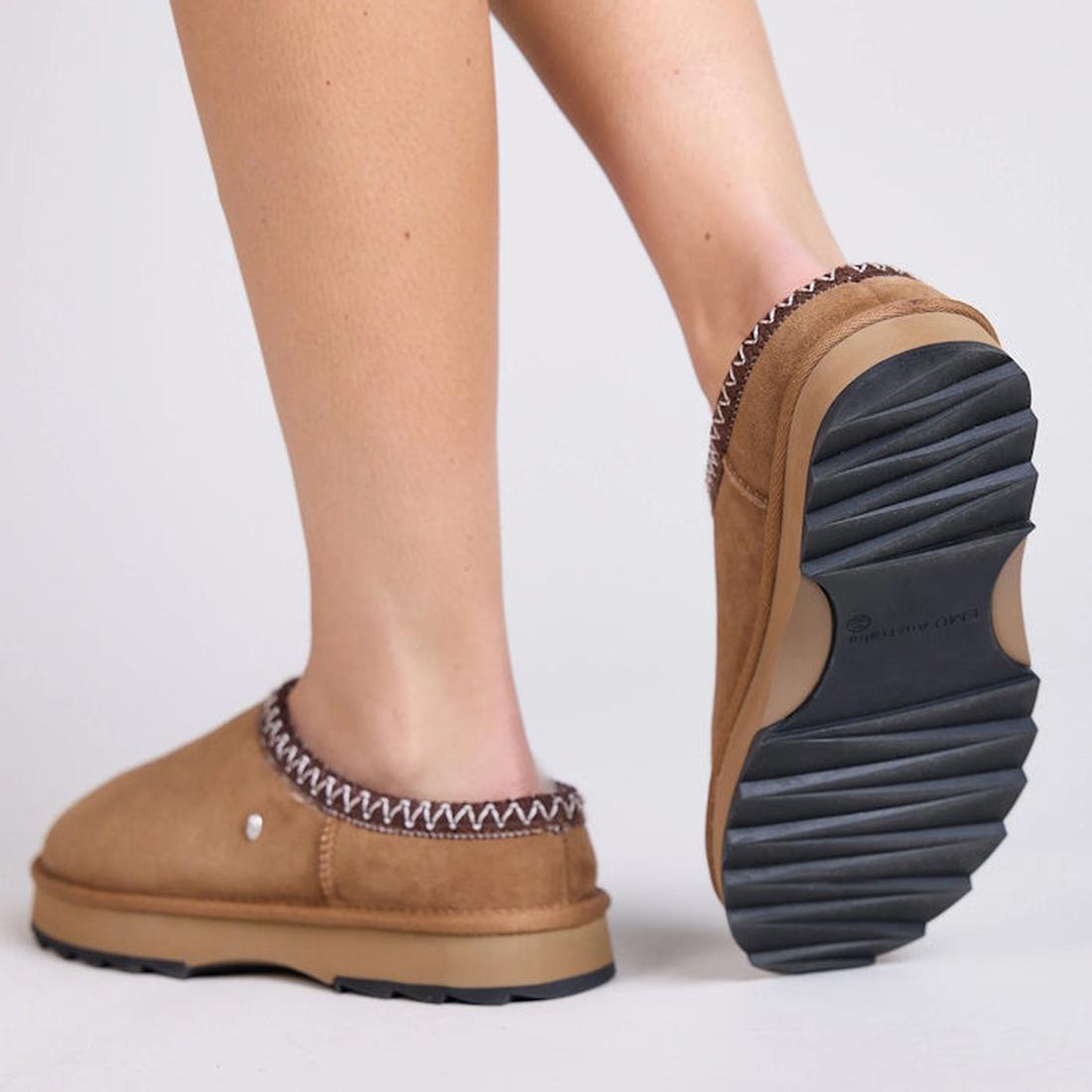 EMU NZ EMU Women's Sharky Scuff Slipper in cozy chestnut tan sheepskin, slip-on style, sturdy black ridged sole, and fun stitching.  ksnz