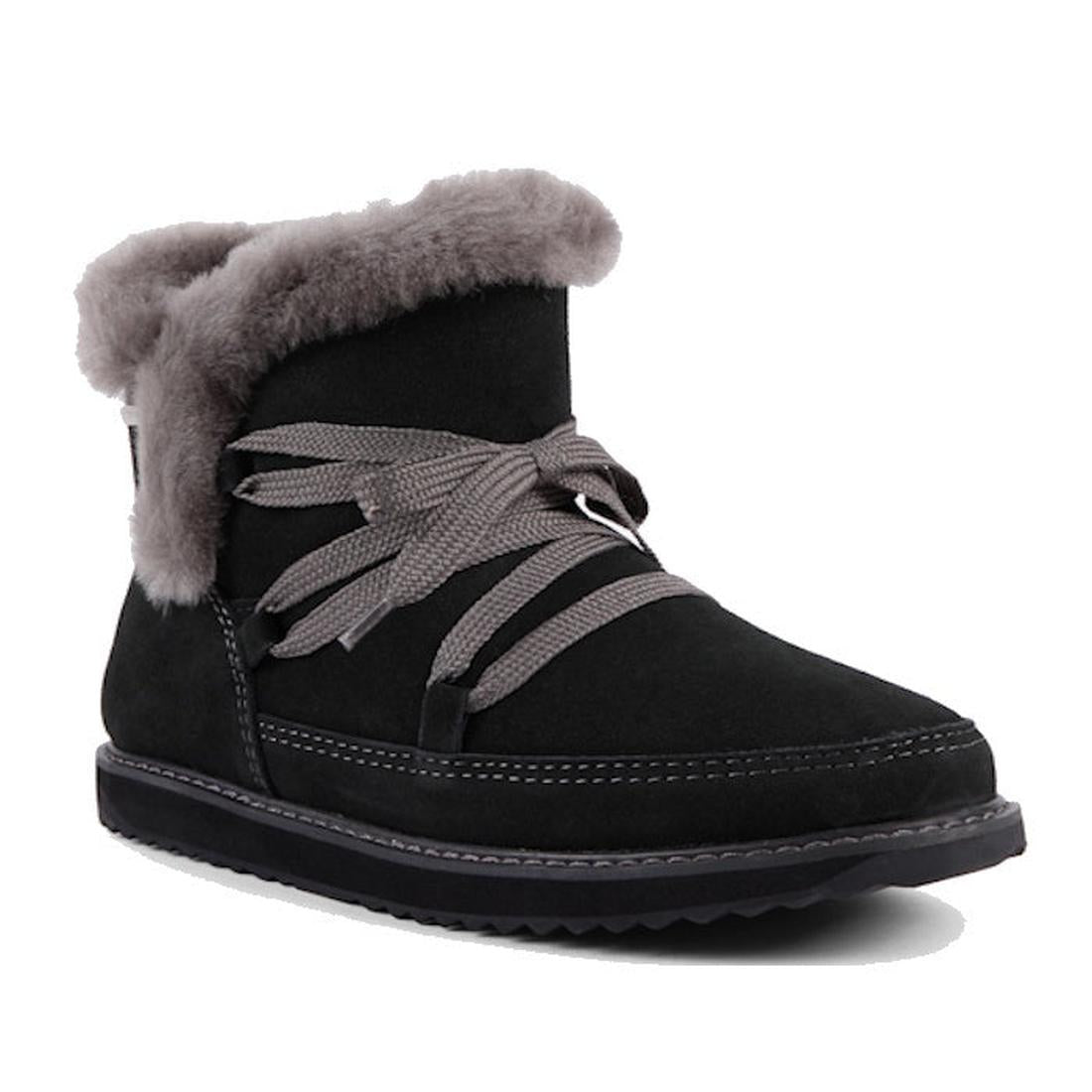 The Emu Womens Thorsby Black Sheepskin Ankle Boot Waterproof features black suede, a gray fur-lined top, and thick gray crisscross laces, inspired by Australian sheepskin boots and shown on a white background.
