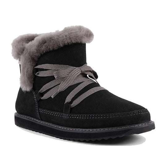 The Emu Womens Thorsby Black Sheepskin Ankle Boot Waterproof features black suede, a gray fur-lined top, and thick gray crisscross laces, inspired by Australian sheepskin boots and shown on a white background.