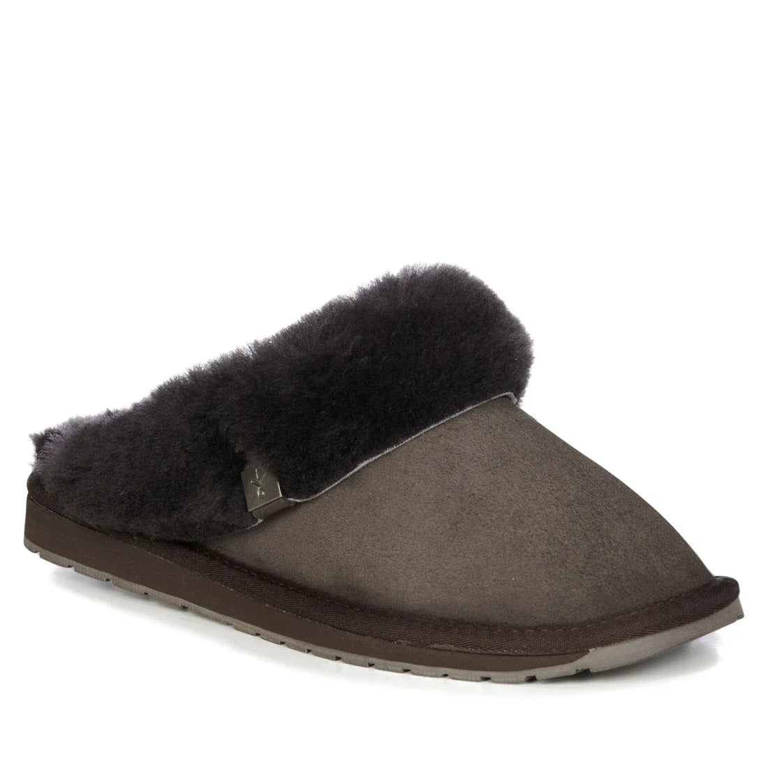 The EMU Women's Eden Platinum Sheepskin Chocolate Brown Scuff Slipper features a single dark brown design, a plush black lining, and a flat rubber sole, shown against a plain white background.