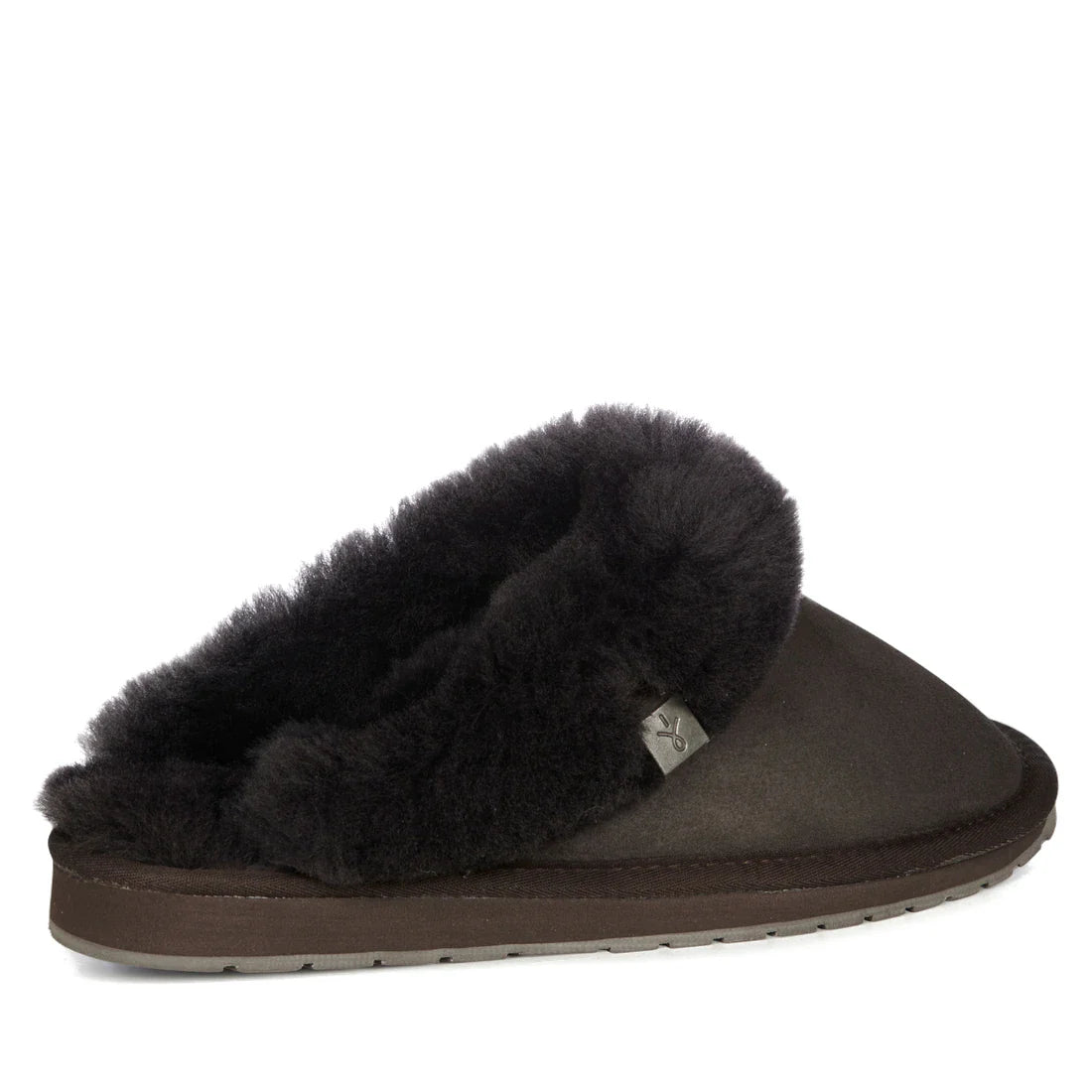 The EMU Women's Eden Platinum Sheepskin Chocolate Brown Scuff Slipper features a slip-on style, thick plush black Australian sheepskin lining, and a flat sole, shown in side view against a white background., 9330071337837, 51422, 9330071337851, 51424, 514