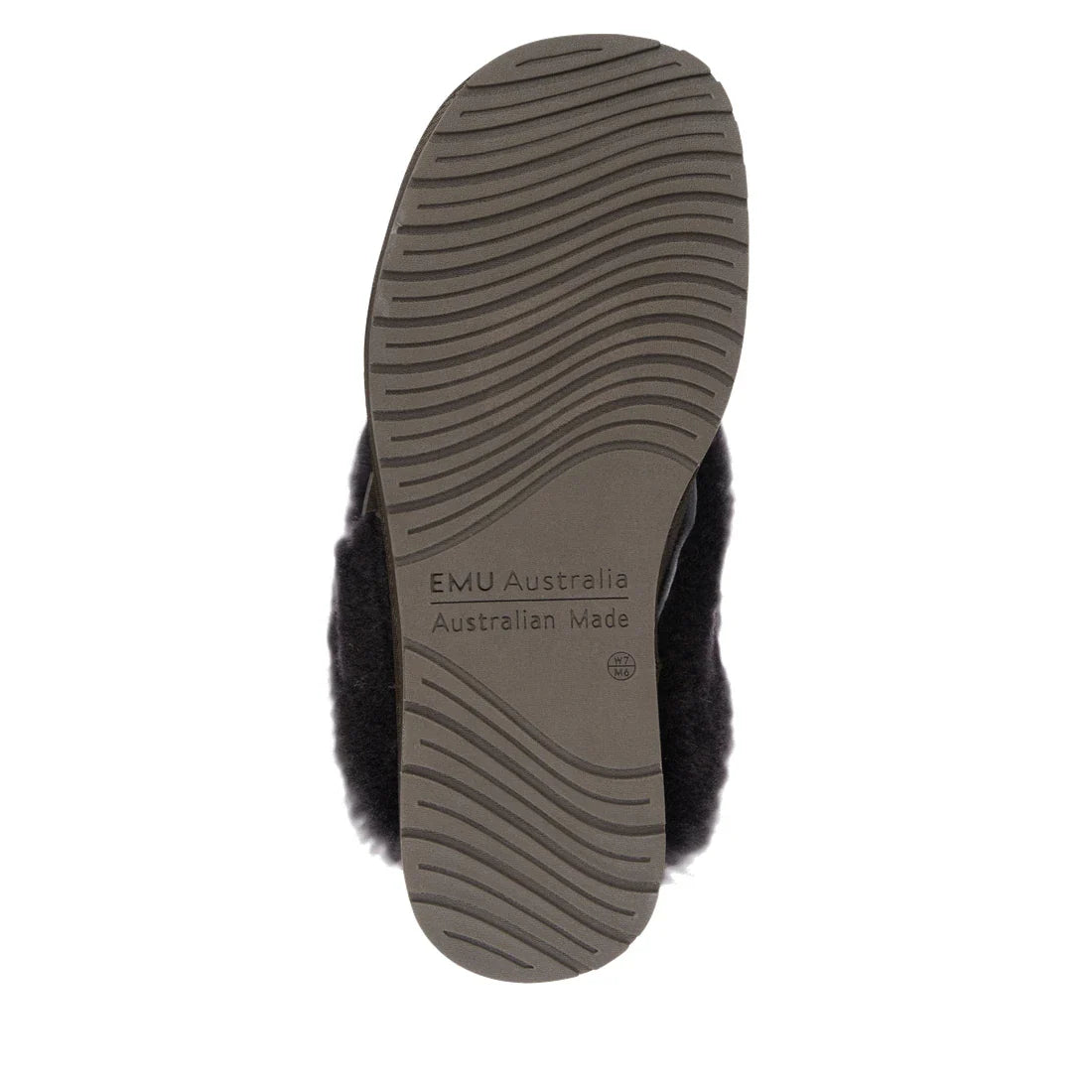 The EMU Women's Eden Platinum Sheepskin Chocolate Brown Scuff Slipper features a dark sole with a wavy tread and "EMU Australia Australian Made" embossed underneath, ensuring authentic Australian sheepskin craftsmanship., 9330071337837, 51422, 93300713378