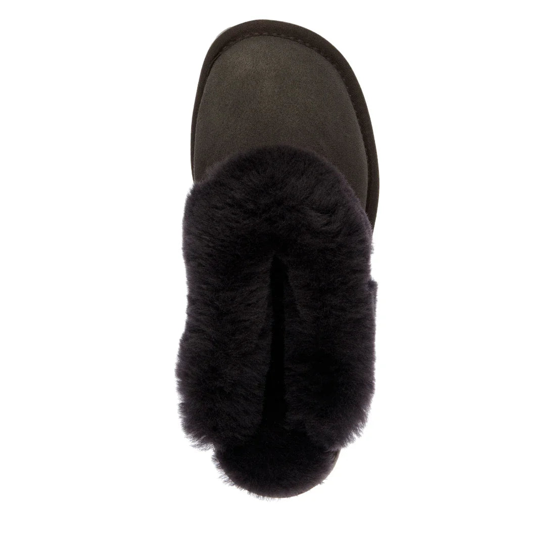 A top view of the EMU Women's Eden Platinum Sheepskin Chocolate Brown Scuff Slipper, featuring a thick, fluffy black fur lining and crafted from soft Australian sheepskin., 9330071337837, 51422, 9330071337851, 51424, 51425