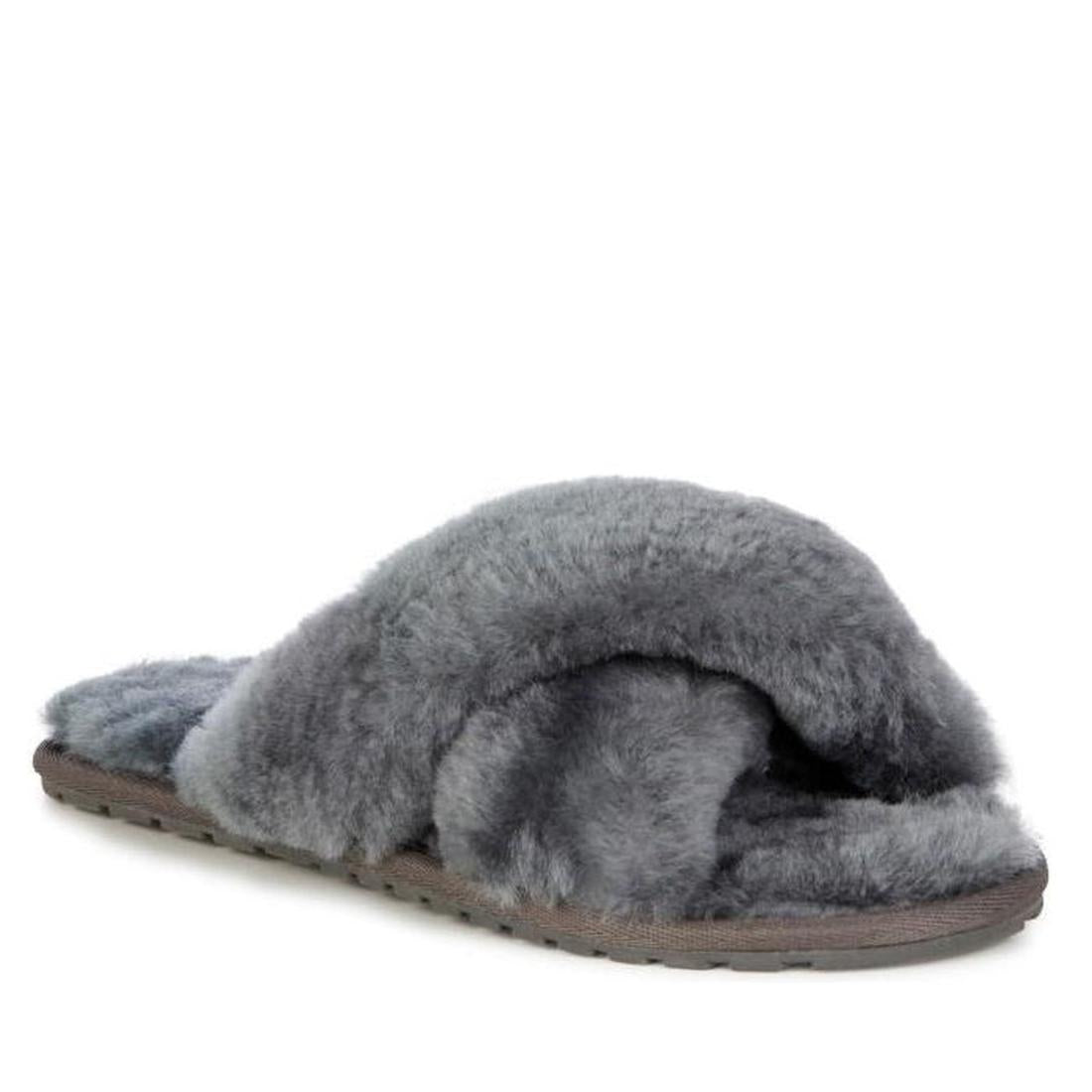 EMU NZ Women's Mayberry Charcoal Grey Scuff Slipper: plush crisscross slide, soft grey, slip-on style, comfy with sturdy flat sole.  ksnz