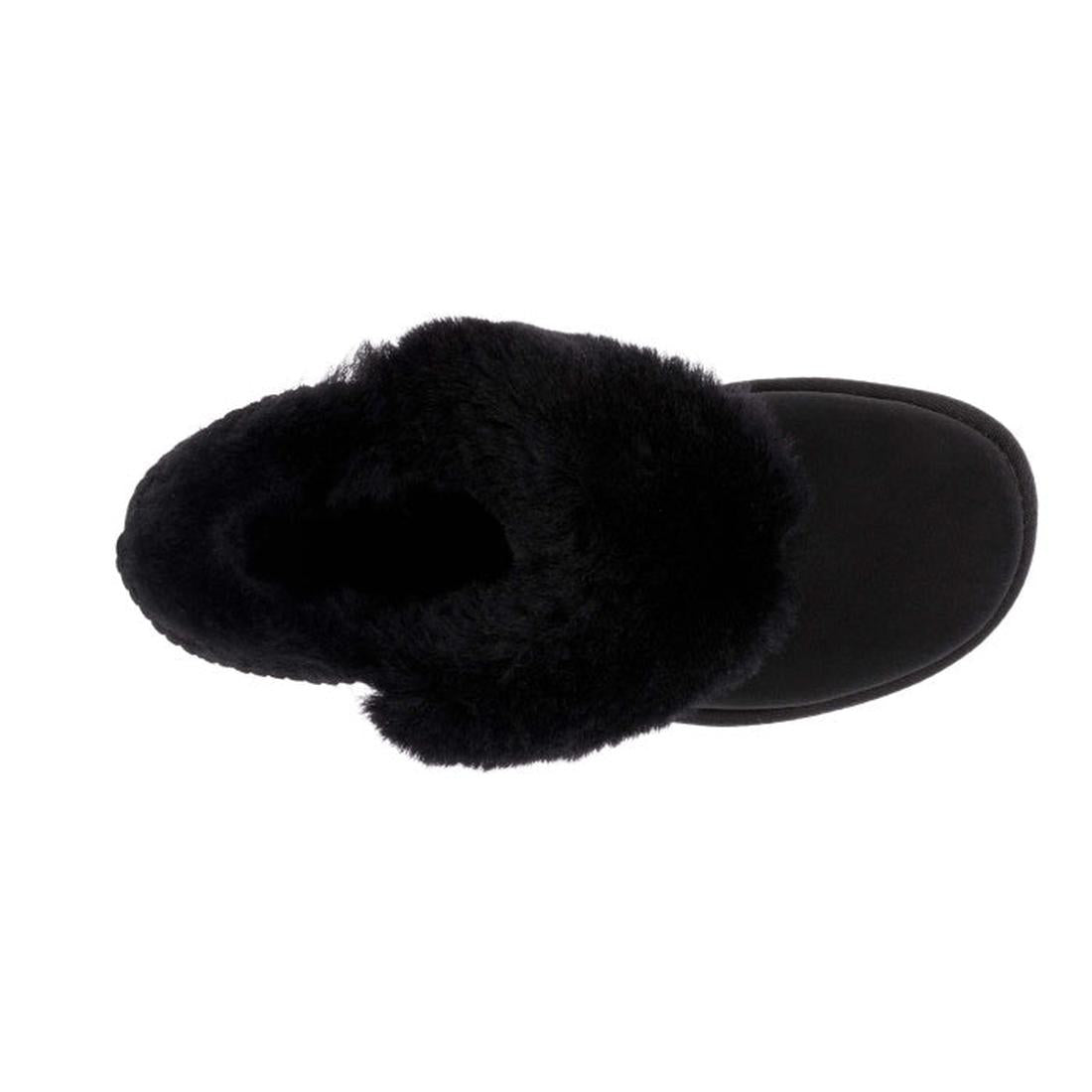 EMU NZ Womens Platinum Mintaro Sheepskin Slipper in black, cozy plush lining and trim, slip-on style with sturdy sole, made in Australia.  ksnz