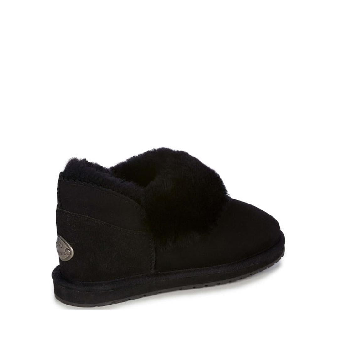 EMU NZ Women's Platinum Mintaro Sheepskin Slipper in Black, with soft furry cuff, cozy lining, sturdy flat sole, and easy slip-on style.  ksnz