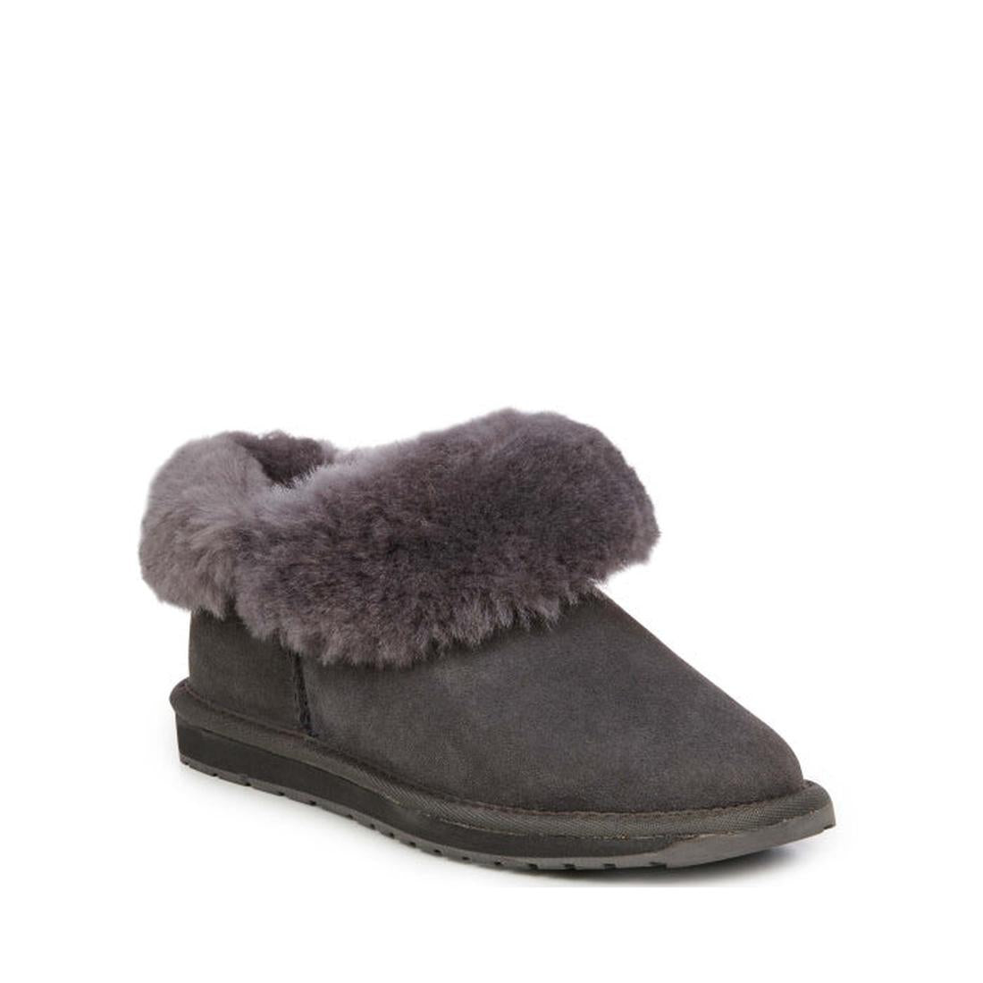EMU Womens Mintaro Sheepskin Slipper in chestnut, with cozy faux fur collar, easy slip-on style, and sturdy rubber sole for comfort.  ksnz