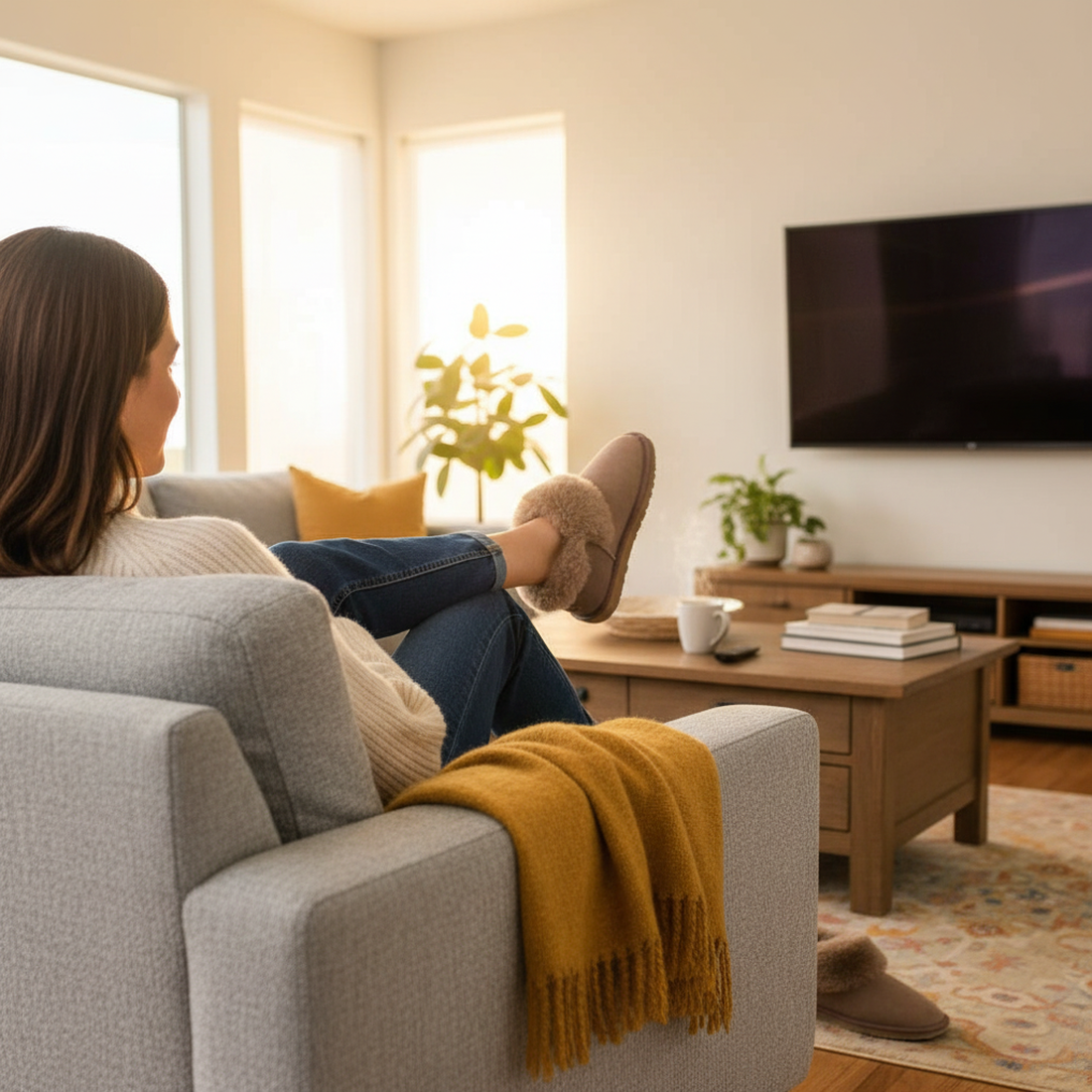 A person wearing EMU Womens Mintaro Sheepskin Slipper in Mushroom relaxes on a gray sofa with a yellow blanket, watching a wall-mounted TV in a bright, cozy living room filled with plants and books., 51402, 9330071981665, 9330071981672, 9330071981689, 514
