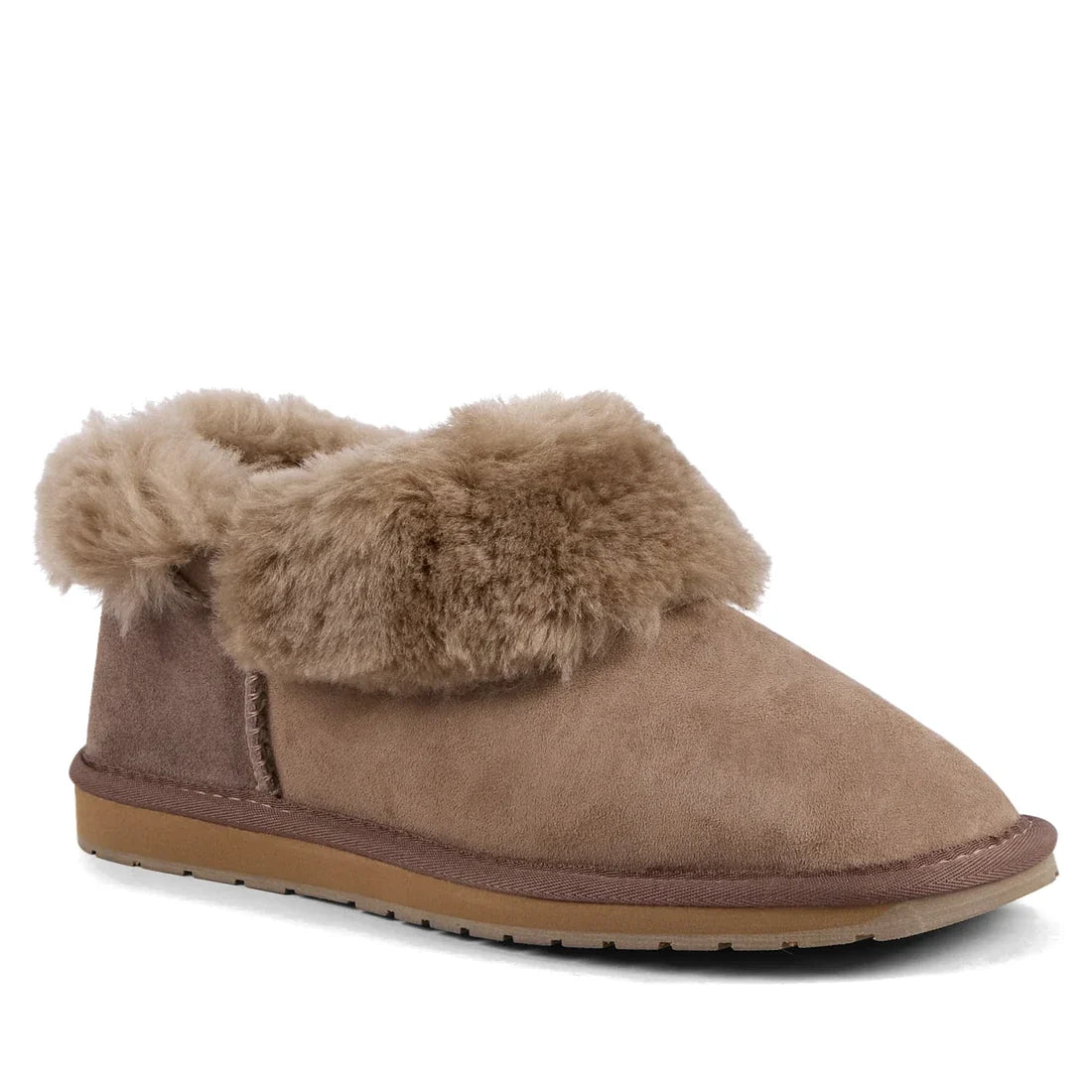 The EMU Womens Mintaro Sheepskin Slipper in Mushroom features a plush faux fur lining and collar, rounded toe, and flat rubber sole. Made in Australia, it is shown against a plain white background.