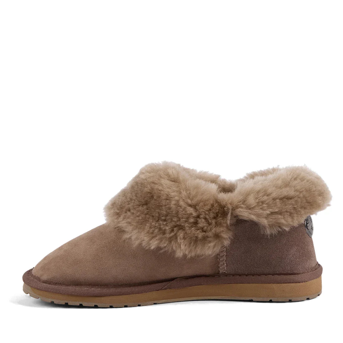 EMU NZ Womens Mintaro Sheepskin Slipper in Mushroom: cozy tan suede, soft brown fur, sturdy flat sole, easy button closure, side view.  ksnz