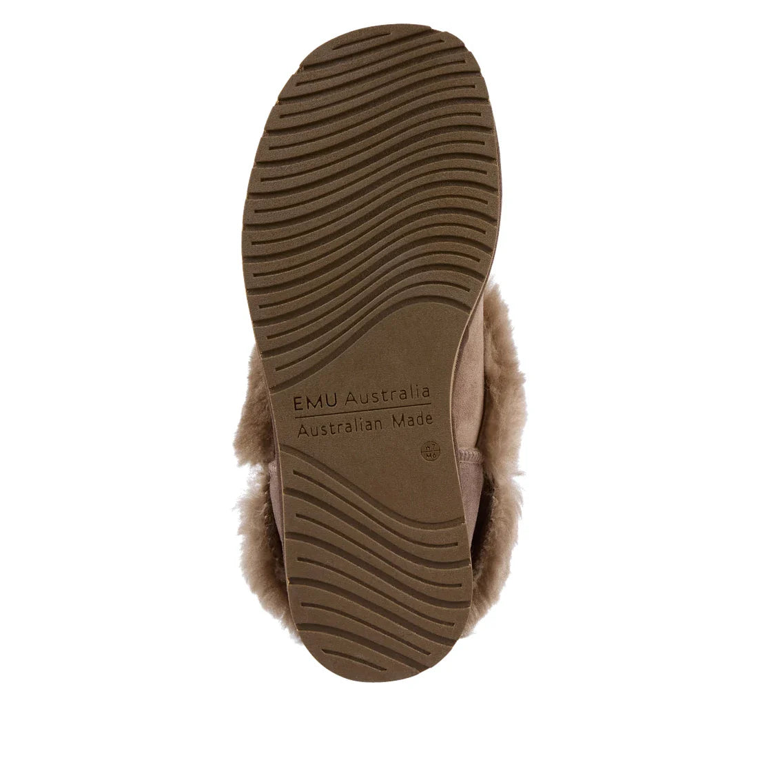 EMU NZ Womens Mintaro Sheepskin Slipper in Mushroom, with a comfy fuzzy lining, wavy grip sole, and slip-on style—great for home.  ksnz
