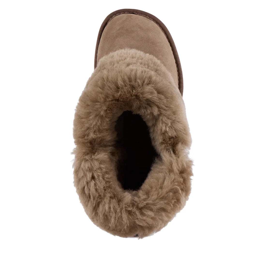 EMU NZ Womens Mintaro Sheepskin Slipper in Mushroom—comfy tan suede house slipper with cozy shearling, sturdy sole, easy slip-on style.  ksnz