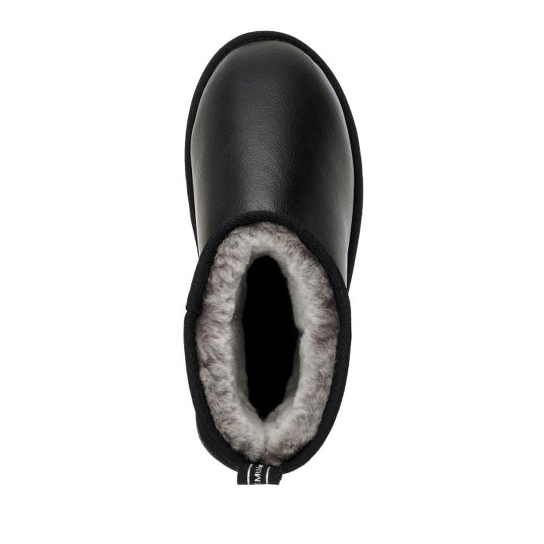 EMU NZ Emu Womens Sharky Mini Town Black Boot—cozy mini boot with a sturdy sole, fuzzy gray lining, and easy slip-on opening.  ksnz