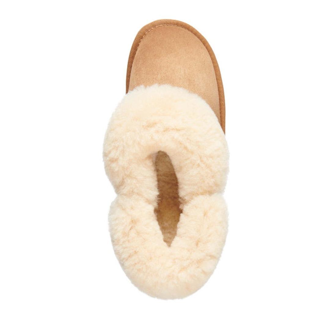 EMU NZ Womens Mintaro Sheepskin Slipper in chestnut, cozy cream band, slip-on style, warm lining, durable sole. Made in Australia.  ksnz