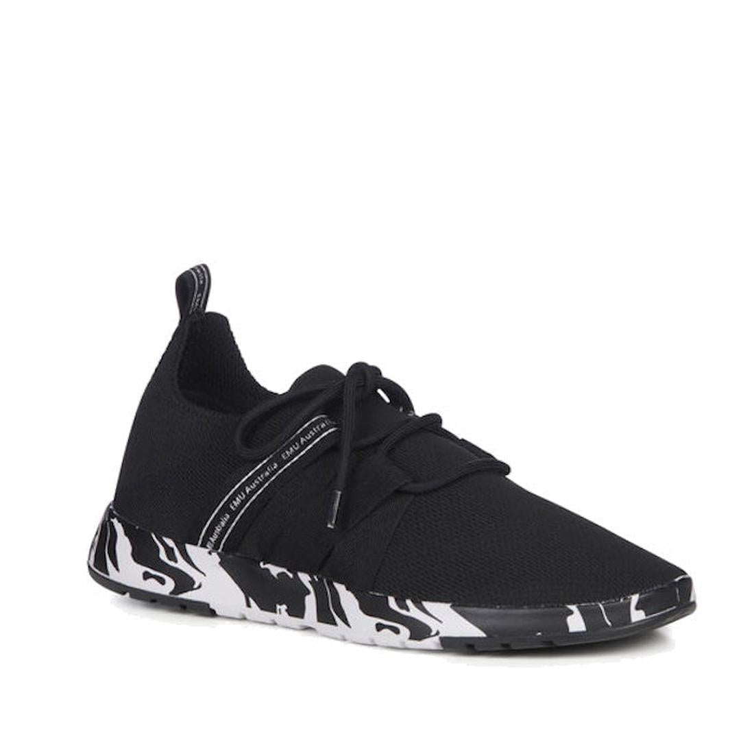 The Emu Womens Leura Swirl Wool Knit Trainer Black features a black wool upper, white and black swirl print sole, black laces, and a heel pull tab, shown against a white background.