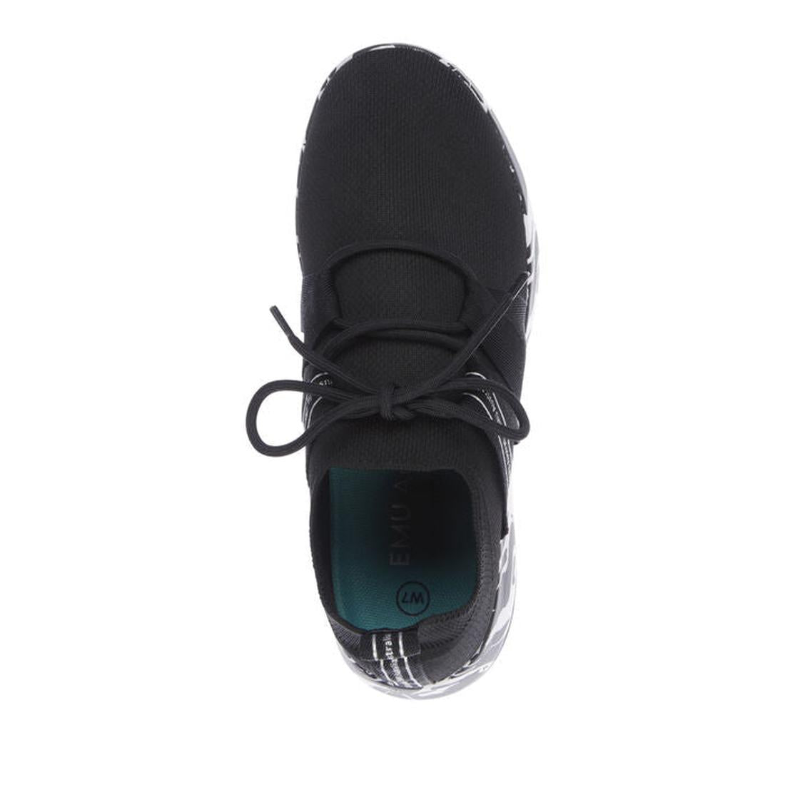 Top view of the Emu Womens Leura Swirl Wool Knit Trainer in black, featuring black laces, a white and black patterned sole, and a teal insole., 36855, 9330071956588, 9330071956595, 9330071956601, 9330071956618, 9330071956625, 9330071956632