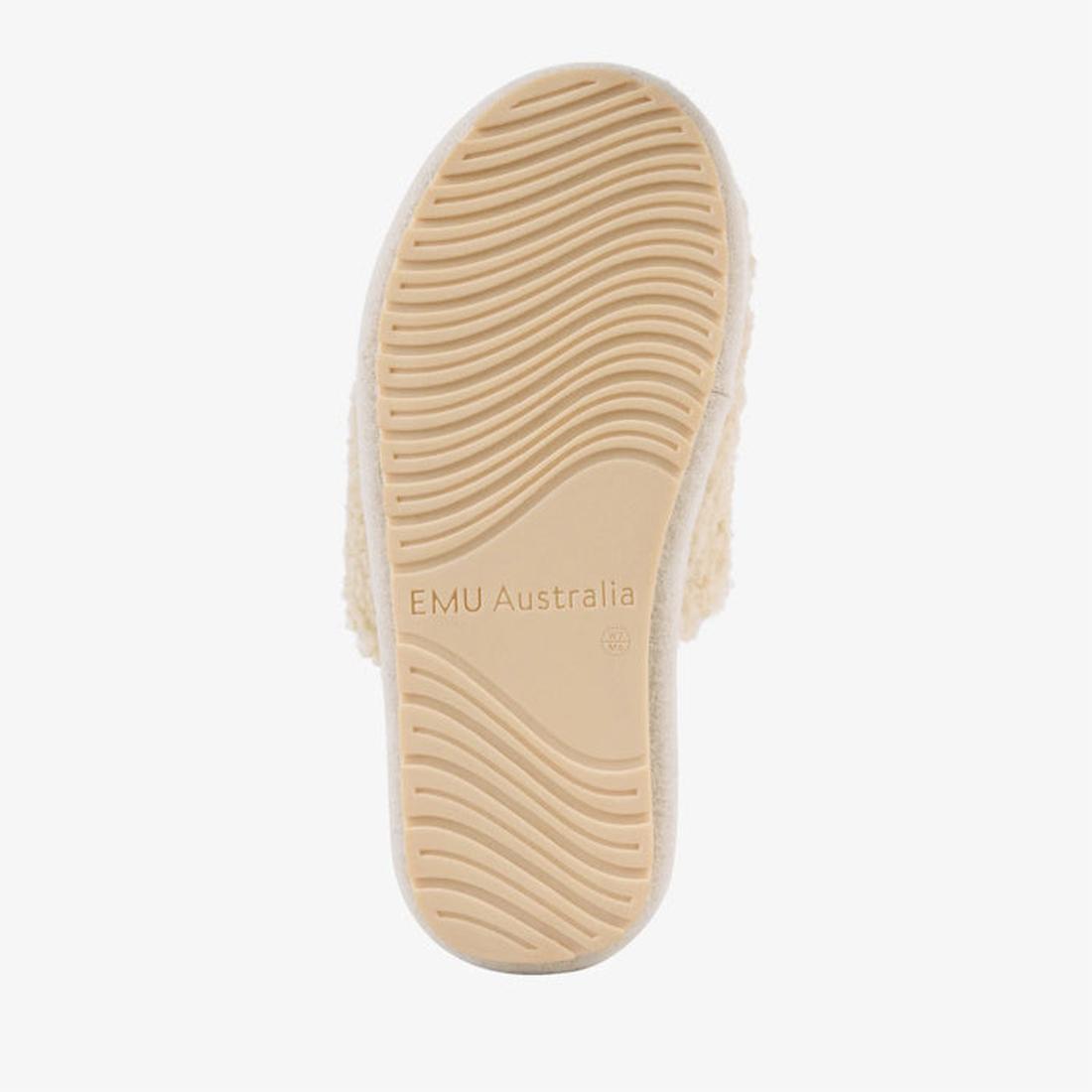 EMU NZ Women's Starley Slipper Scuff in Natural Wool, with a comfy beige sole and easy slip-on style, perfect for relaxing at home.  ksnz