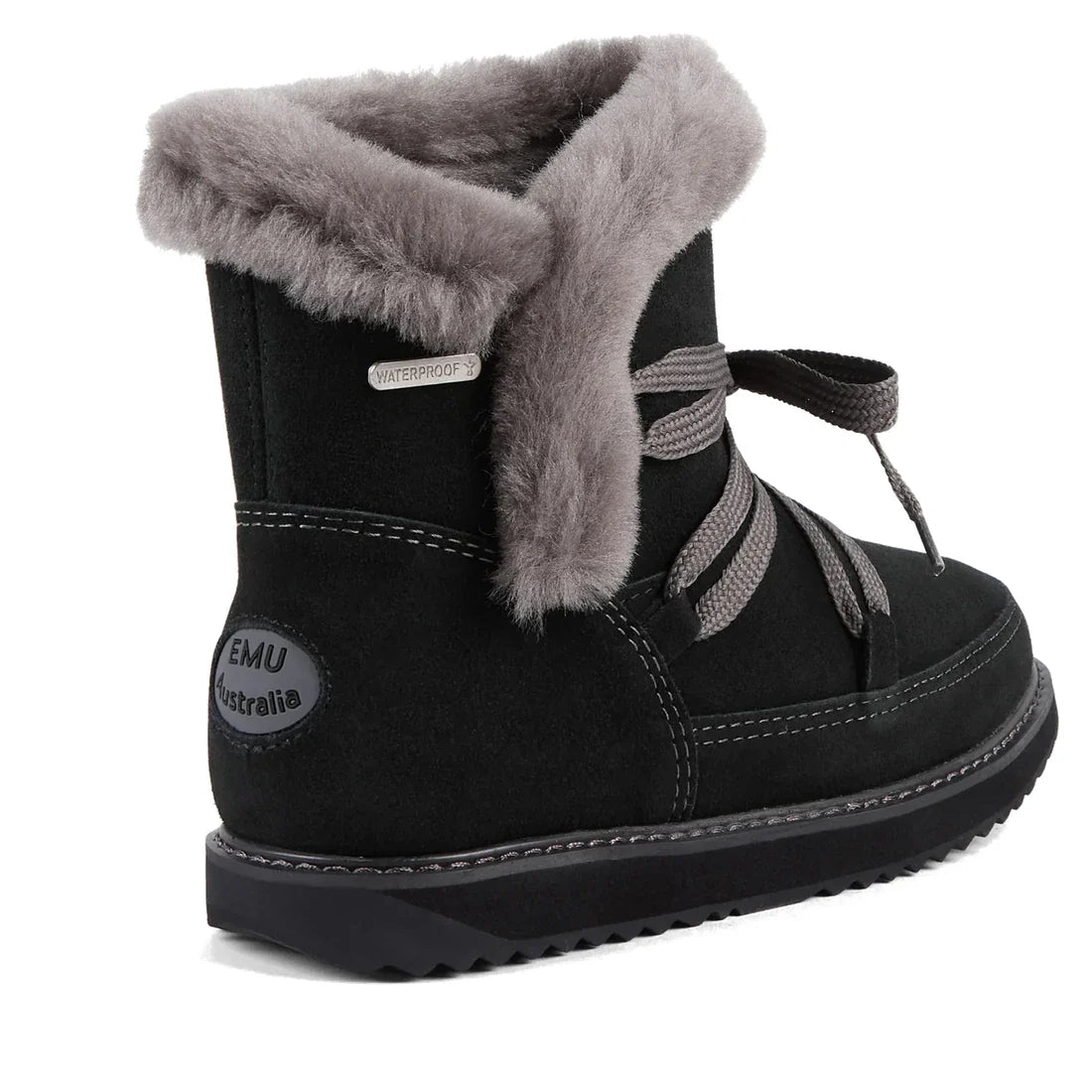 The Emu Womens Thorsby Black Sheepskin Ankle Boot Waterproof features black suede, gray faux fur lining, gray laces, EMU Australia label, rugged sole, and visible stitching for warmth, arch support, and waterproof protection in cold weather., 933007198050