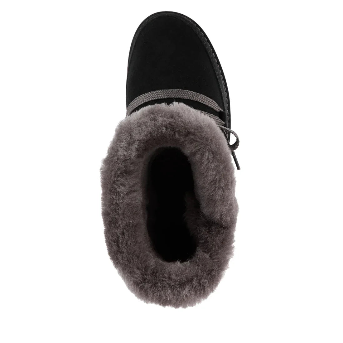 Top view of the Emu Womens Thorsby Black Sheepskin Ankle Boot, featuring waterproof protection, gray faux fur lining, lace-up front, and plush interior comfort., 9330071980507, 9330071980514, 9330071980521