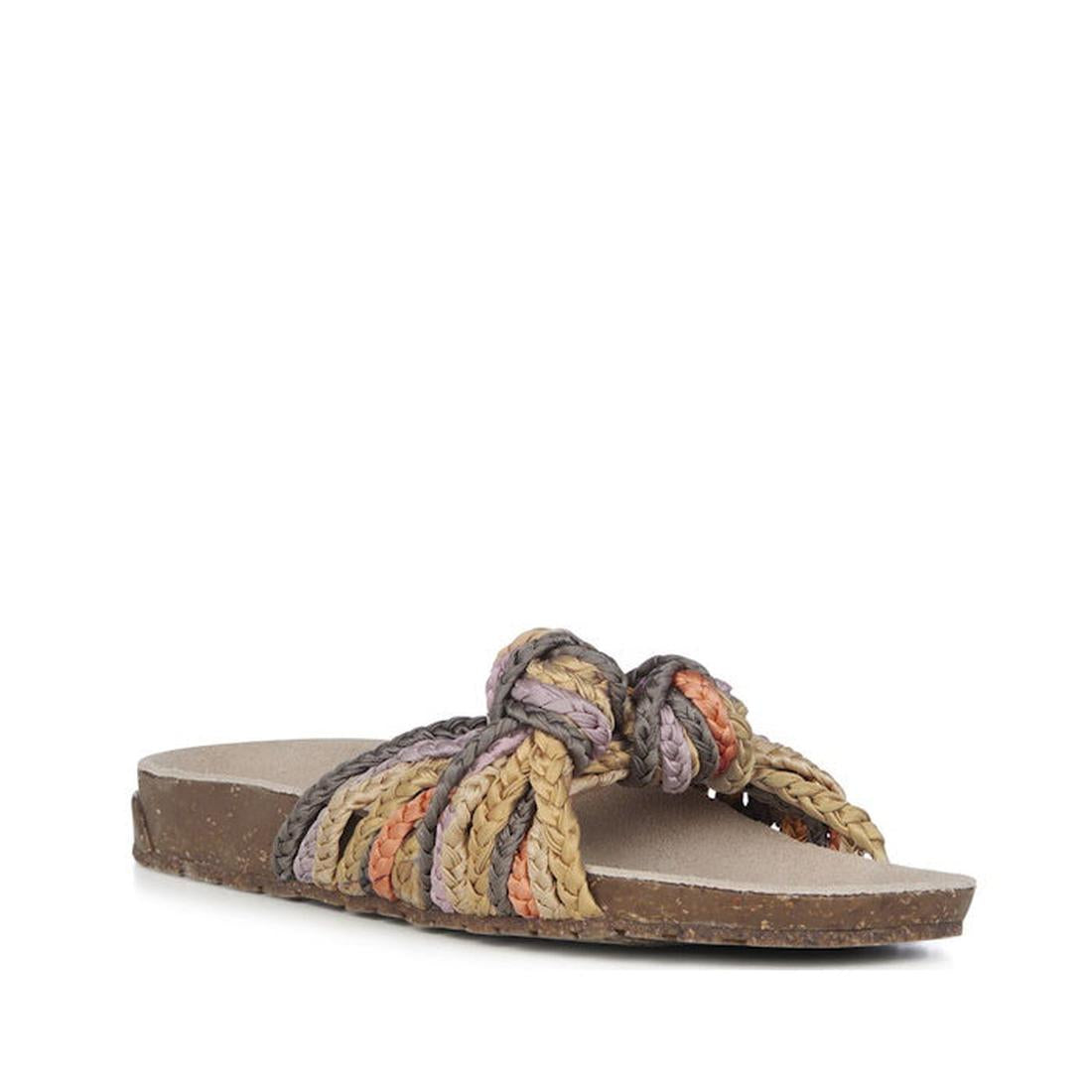 The Emu Womens Zebedee Slide Sandal features a contoured cork footbed and plaited textile upper with beige, purple, and orange straps, finished with two large knots for a stylish summer look.