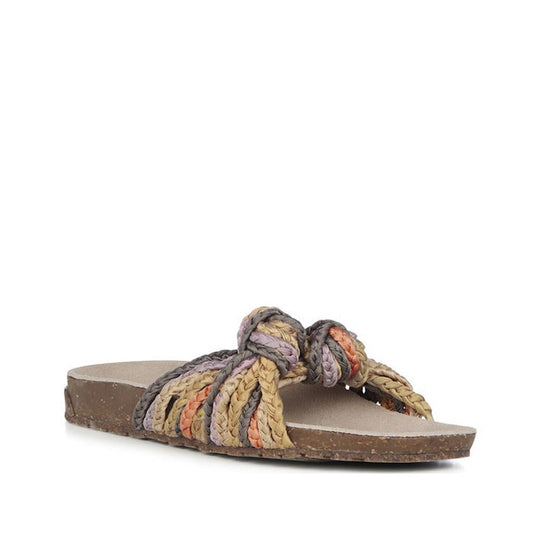 The Emu Womens Zebedee Slide Sandal features a contoured cork footbed and plaited textile upper with beige, purple, and orange straps, finished with two large knots for a stylish summer look.