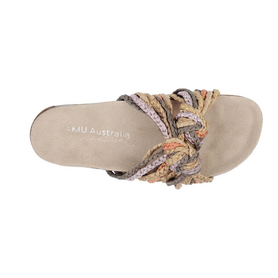 The Emu Women's Zebedee Slide Sandal features a beige plaited textile upper with multicolored crisscross straps, a flat sole, and branded insole—perfect for stylish summer wear from MU Australia., 9330071935972, 9330071935989, 9330071935996, 9330071936009