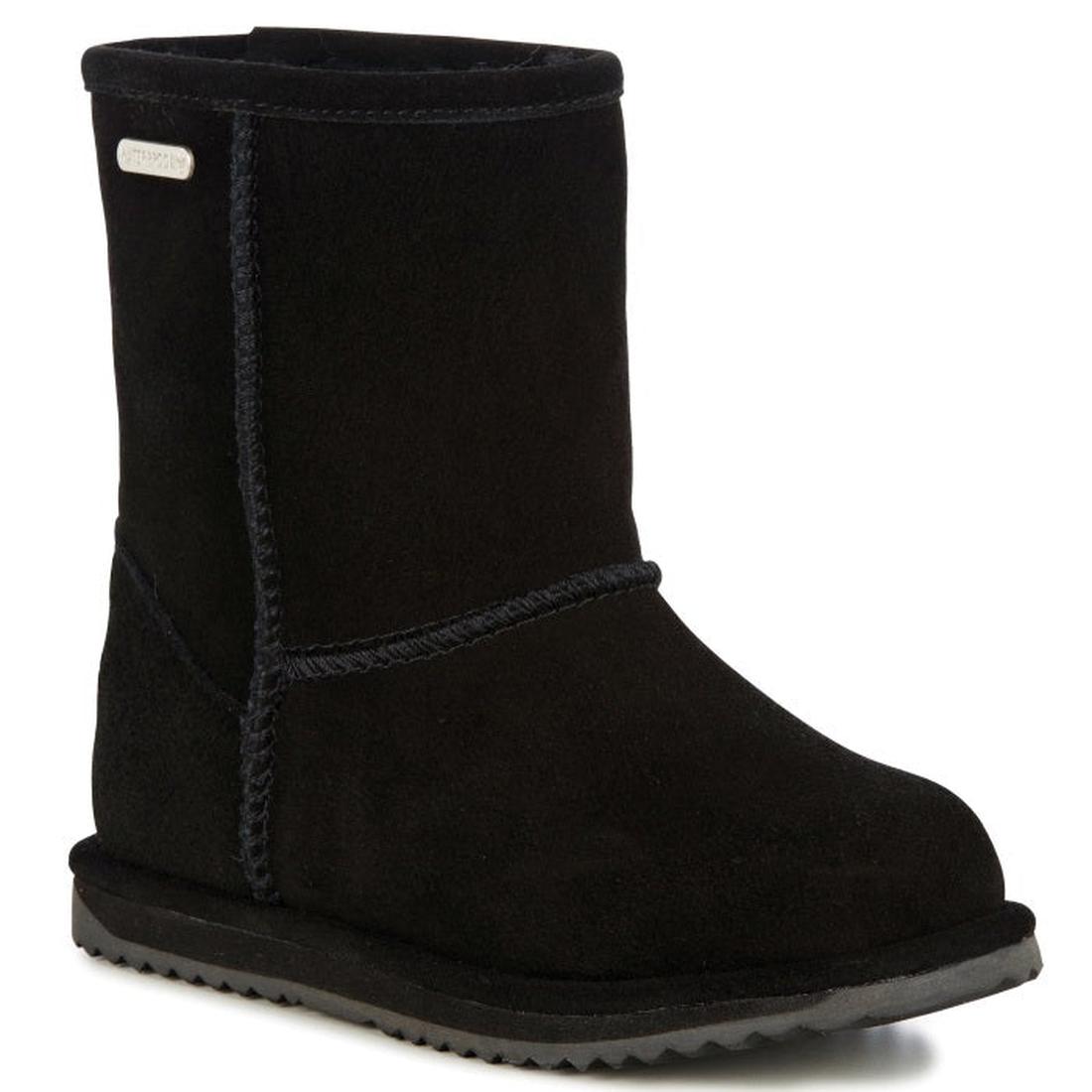 EMU NZ Kids Brumby Lo Waterproof black sheepskin boot with cozy exposed stitching, grippy flat sole, and easy pull-on style on white.  ksnz