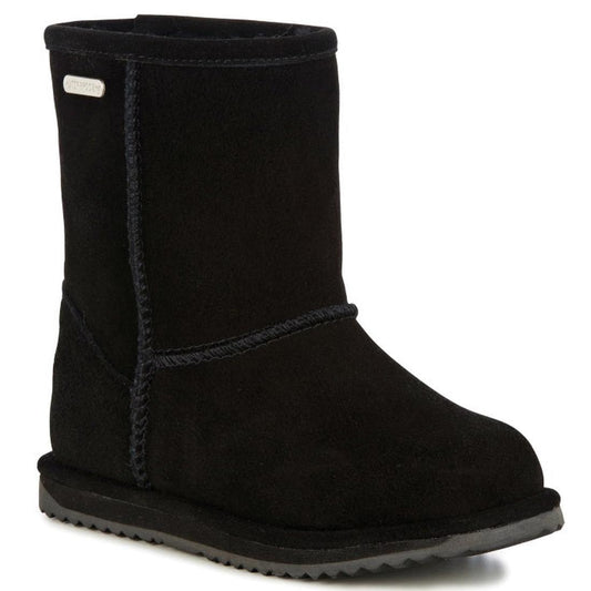 EMU NZ Kids Brumby Lo Waterproof black sheepskin boot with cozy exposed stitching, grippy flat sole, and easy pull-on style on white.  ksnz