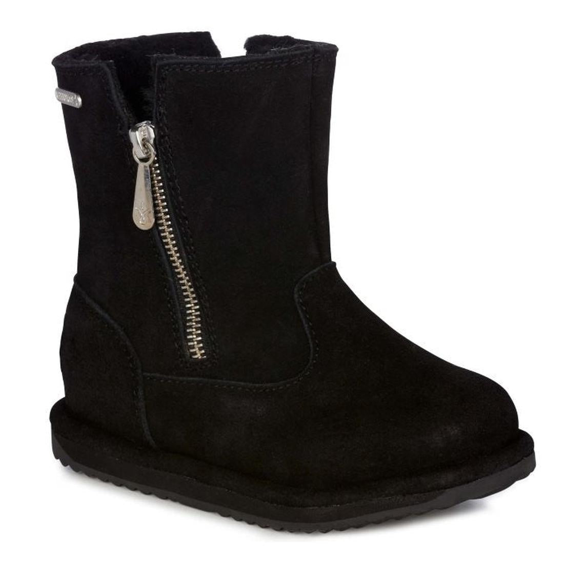 EMU NZ Kids Arden Waterproof Black Sheepskin Boots in black, with easy side zipper, sturdy rubber sole, and cozy stitching detail.  ksnz