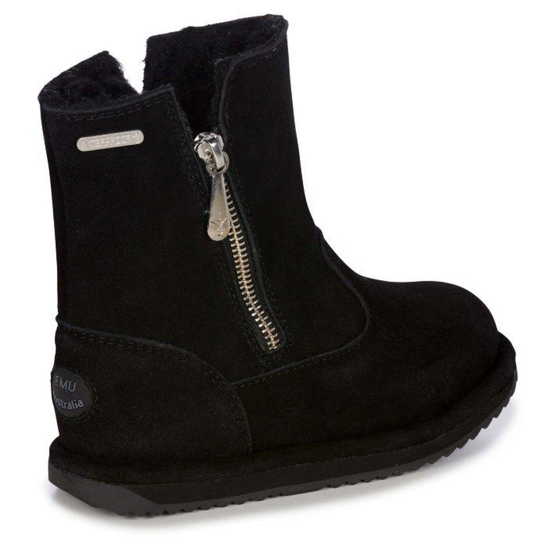 EMU NZ Kids Arden Waterproof black sheepskin boots with cozy Merino wool lining, easy side zipper, grippy sole, and heel logo.  ksnz