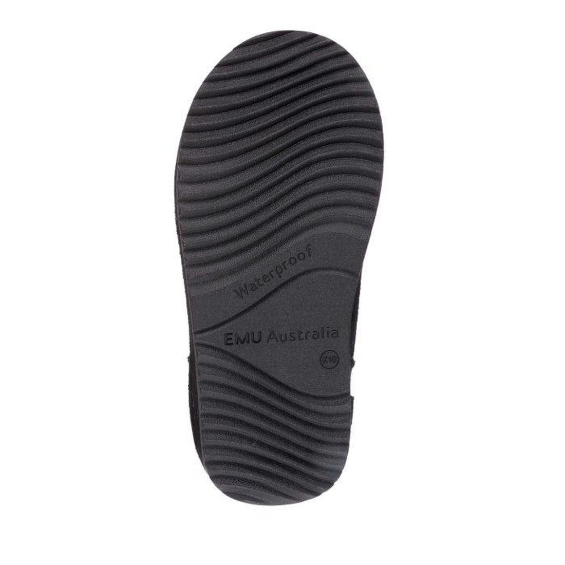 EMU NZ Kids Arden Waterproof Boots in black, with sturdy rubber sole and easy pull-on closure; labeled "Waterproof" and "EMU Australia.  ksnz