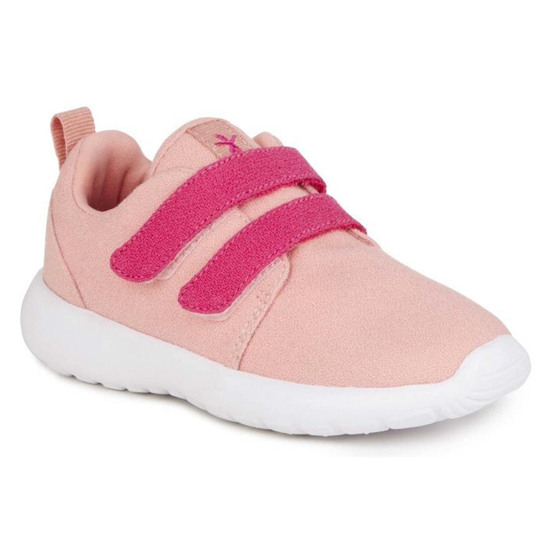 EMU NZ Kids Becher Velcro Trainer—dusty pink wool sneakers with double dark pink straps, cushy white sole, and handy heel pull tab.  ksnz