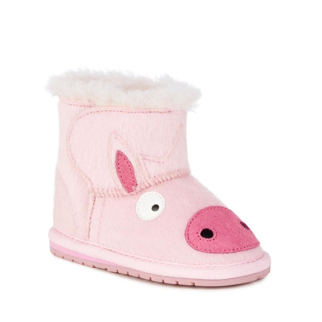 EMU NZ Piggy Walker baby bootie in pink, a cozy toddler boot with pig face, soft lining, flexible sole, and easy pull-on style.  ksnz