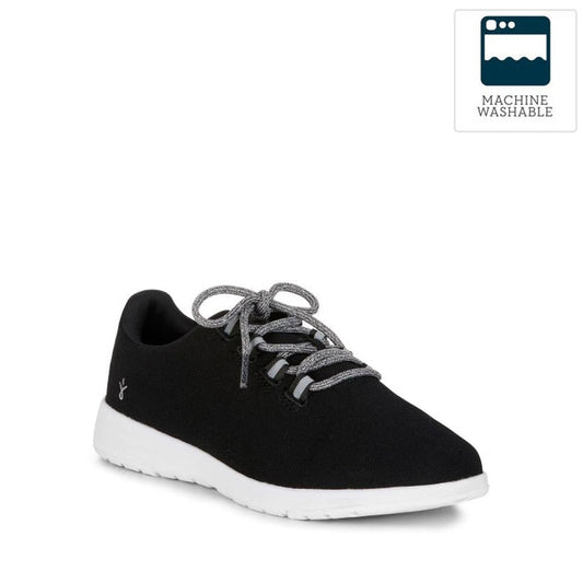 The Emu Barkly Black Wool Fabric Sneaker Lace Up, featuring gray laces and a white sole, sits on a white background. A washing machine icon in the corner highlights that these sneakers are machine washable.