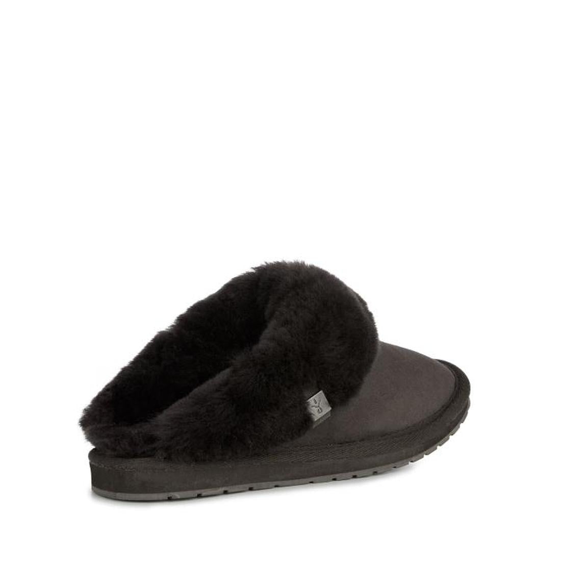 The EMU Women's Eden Platinum Sheepskin Black Scuff Slipper features a black slip-on design, plush interior lining, and textured rubber sole. This Australian-made slipper is shown on a white background., 9330071275504, 9330071275511, 9330071275528, 933007