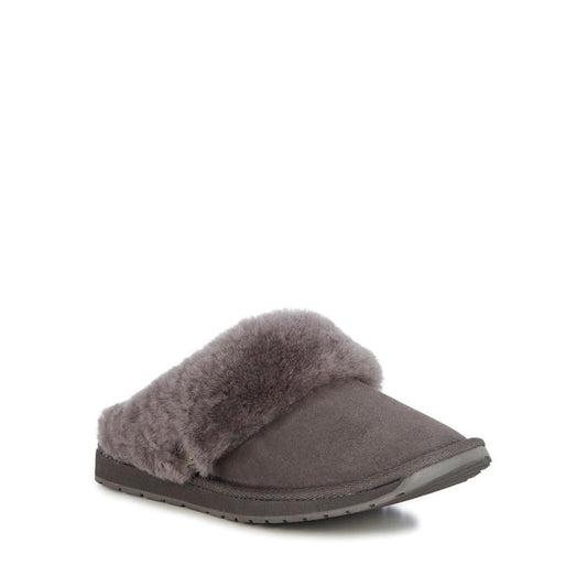 The EMU Women's Eden Platinum Sheepskin Charcoal Scuff Slipper features a plush, fluffy lining and flat sole in a classic Australian style, showcased at an angle on a white background.