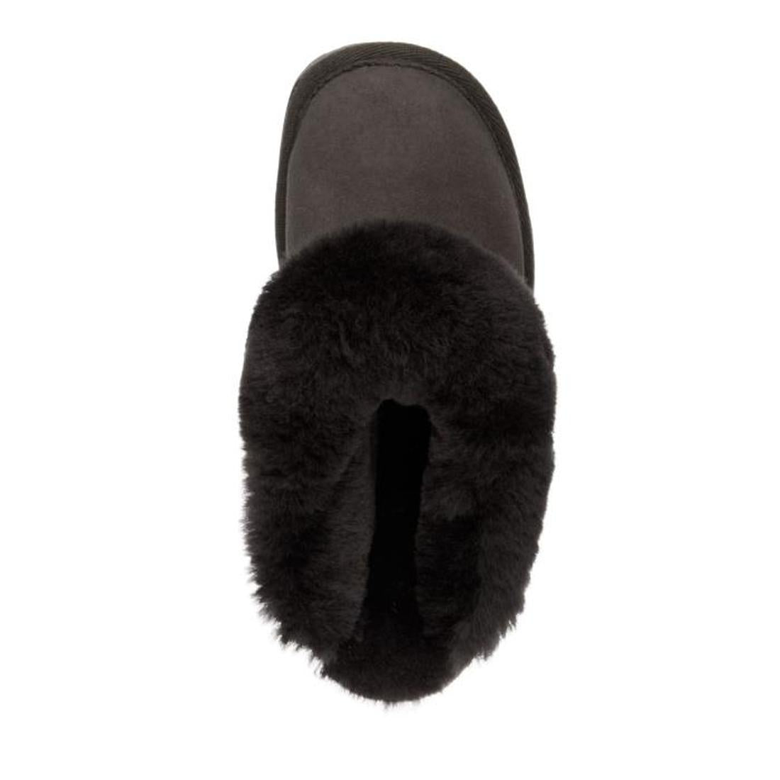 Top view of the EMU Women's Eden Platinum Sheepskin Charcoal Scuff Slipper, a black slip-on with plush Australian sheepskin lining and a rounded toe, displayed on a white background., 9330071338278, 9330071338285, 9330071338292, 9330071338308, 93300713383