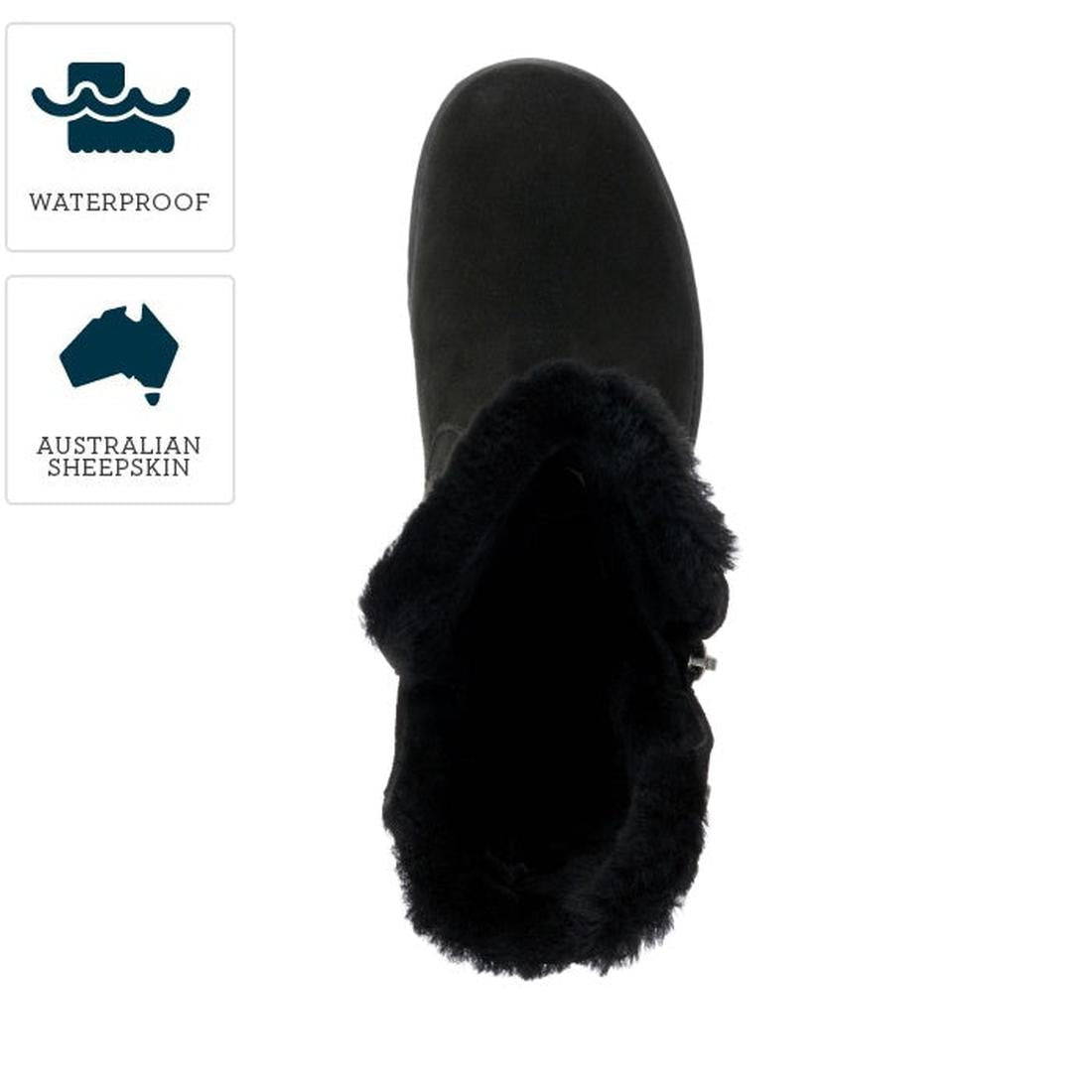 EMU NZ Emu - Women's Gravelly Sheepskin Waterproof Boot in black, warm wool lining, slip-on style, sturdy sole—perfect for winter.  ksnz