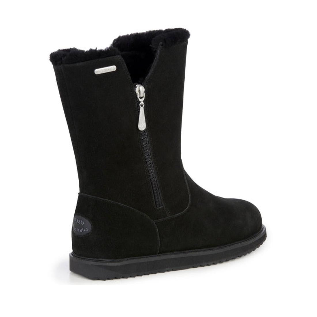 EMU NZ Emu Women's Gravelly Sheepskin Waterproof Boot in black, with an easy side zipper, grippy rubber sole, and cozy lining for winter.  ksnz